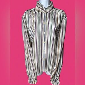 Vintage 1970’s Multicolored striped blouse with ruffled collar and cuffs